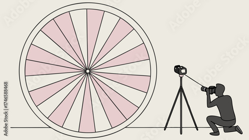 Photographer taking picture of a large segmented circle design studio shoot illustration vector graphic.