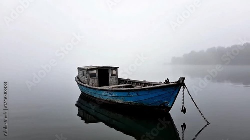 An old, weathered blue wooden boat floats silently on a calm, misty lake, reflecting in the still water under a foggy sky.