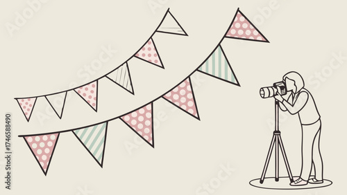 Photographer taking picture of bunting celebration party event illustration.