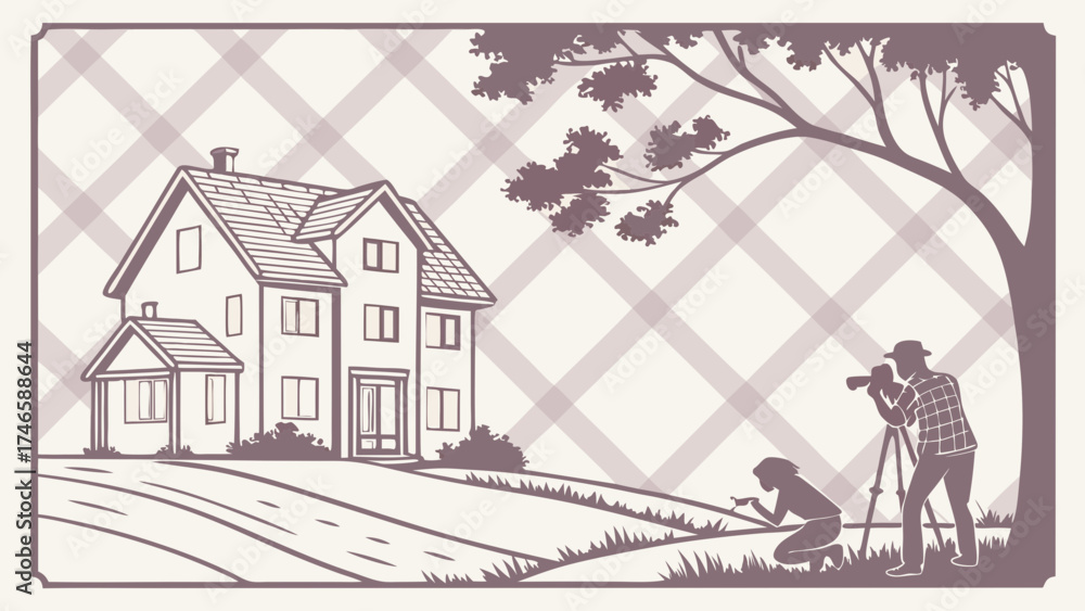 Obraz premium Photographers capturing a house and landscape idyllic scene home photography real estate image illustration silhouette style vector art two photographers camera tripod nature outdoor s.
