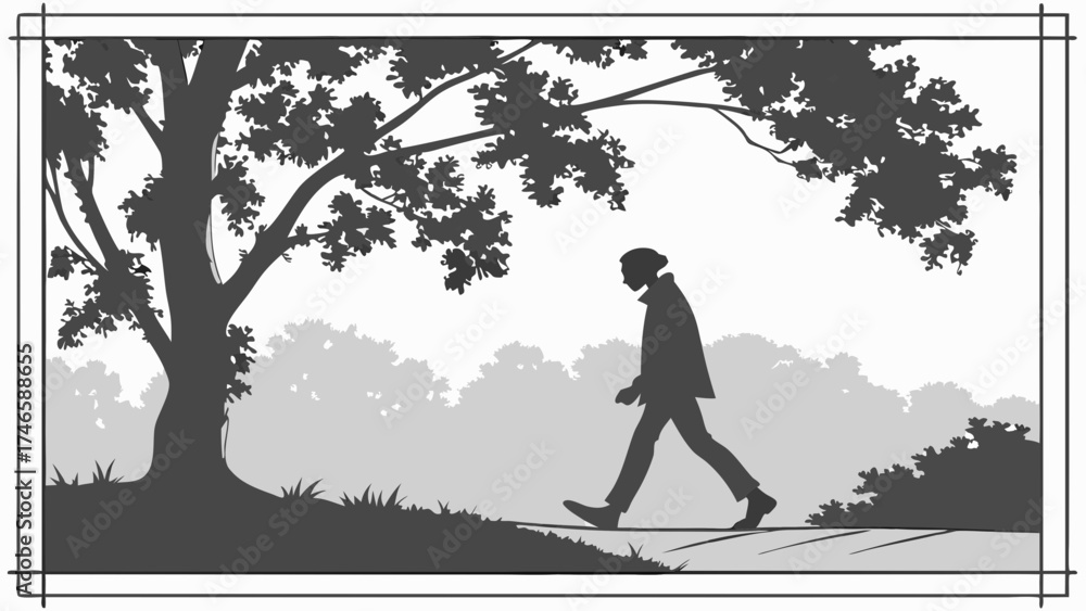 Fototapeta premium Silhouette of a person walking in a park next to a large tree under grey skies.