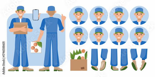 Delivery person character kit with multiple expressions and body parts for animation and design