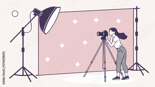 Photographer using professional camera equipment in studio setup with lighting.