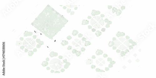 Top down view of a stylized park layout with geometric flower beds and walking paths