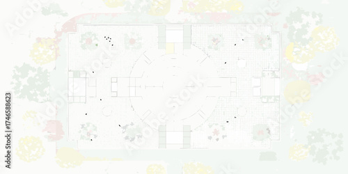 Architectural top down view of a building courtyard with trees and paving patterns
