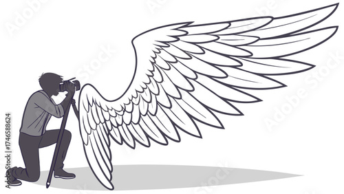 Photographer with large wings artistic illustration creative concept graphic design element silhouette camera tripod kneeling feather wingspan angelic fantasy mythical dreamlike spi.
