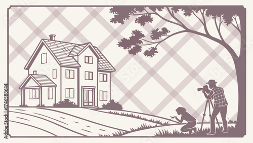 Photographers capturing a house and landscape idyllic scene home photography real estate image illustration silhouette style vector art two photographers camera tripod nature outdoor s.