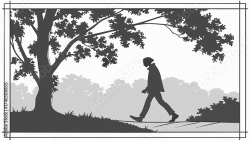 Silhouette of a person walking in a park next to a large tree under grey skies.