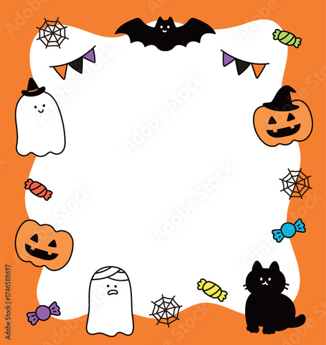 A cute Halloween border frame featuring ghosts, pumpkins, black cats, candies, spiderwebs, and bats. A cute vector image perfect for children's party invitations, social media, and holiday cards.