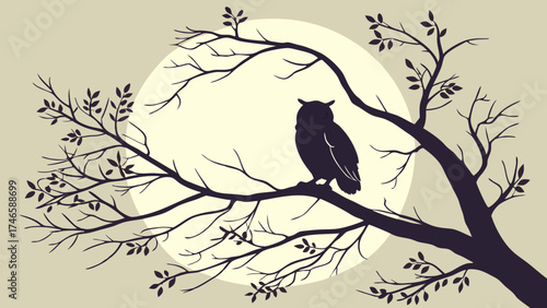 Silhouette of an owl perched on a tree branch at night moonlit scene vector illustration graphic design element for prints posters cards and decorations.