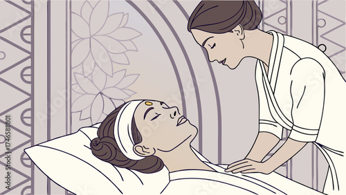 Spa Treatment Relaxation Wellness Massage Therapy Woman Receiving Treatment Calm Atmosphere Serene Setting Beauty Treatment Skincare Routine Peaceful Scene Health and Wellness Self Car.