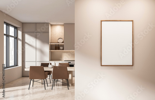 Blank poster frame on beige wall in modern dining kitchen, minimalist interior design, natural lighting, clean background, concept of advertising display. 3D Rendering