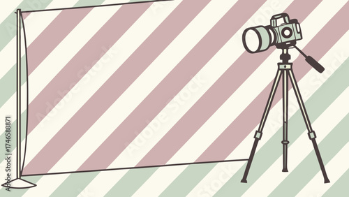 Professional DSLR Camera on Tripod with Backdrop Studio Setup for Photography or Videography Illustration.