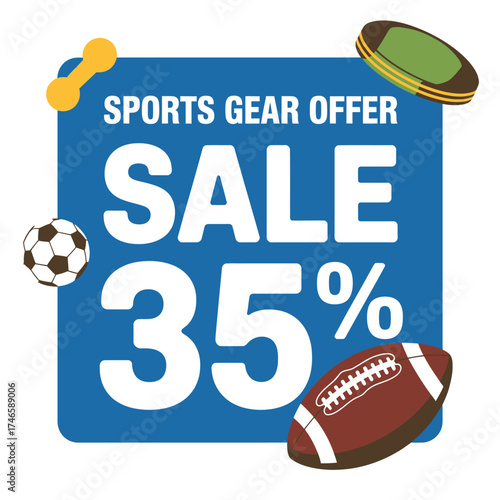 Sports gear offer sale badge isolated on white background, advertising a discount of thirty five percent off on equipment