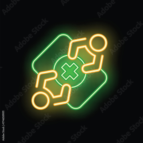 Neon sign of two people planning healthcare strategy with neon green cross