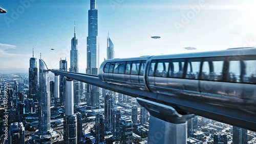 A futuristic city skyline with a sleek elevated train moving through towering skyscrapers and flying vehicles under a clear blue sky.