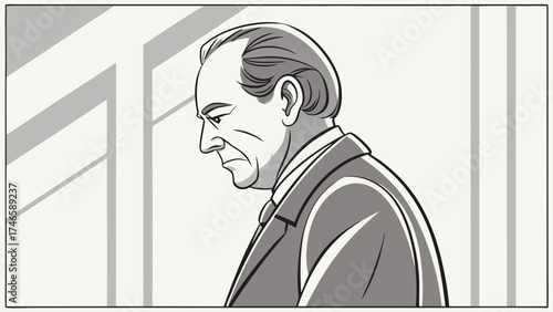 Profile illustration of a pensive senior man in a suit grayscale vector art business portrait serious expression.