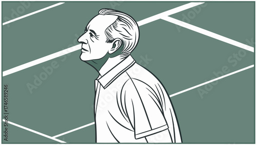 Profile illustration of a senior man in a polo shirt against an abstract background.