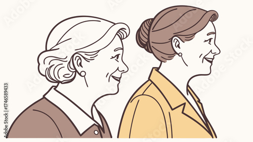 Profile illustration of two elderly women side view elegant minimalist line art drawing.