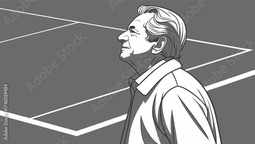 Profile view of a senior man possibly a coach against a tennis court background.