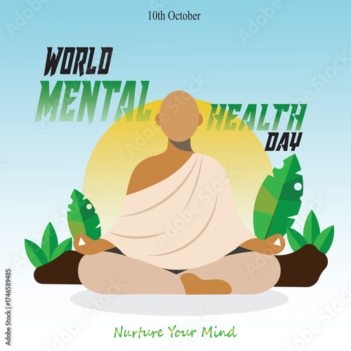 A minimalist vector illustration created for World Mental Health Day on October 10. A character meditating in nature symbolizes mindfulness, inner peace, and the importance of self-care.