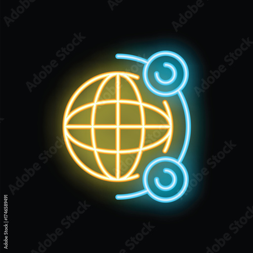 Bright neon sign illustrating global network with nodes orbiting earth, representing global communication, internet connectivity, and worldwide reach