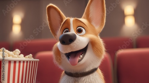 Cute cartoon corgi eating popcorn in cinema illustration