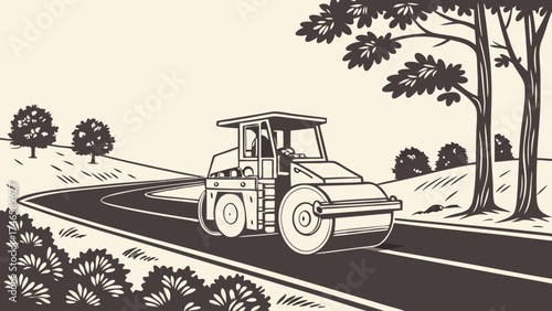 Road Roller on Winding Road Construction Transportation Illustration Vintage Style Graphic.