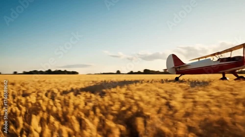 A classic red and white biplane sits in a vast golden wheat field under a clear blue sky at sunset.