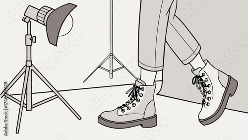 Studio lighting setup with boots fashion illustration photography backdrop graphic design element.