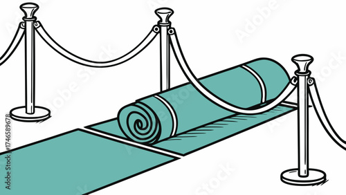 Rolled-up carpet stanchions and rope barrier event preparation teal blue color vector illustration graphic design element ceremonial walkway.