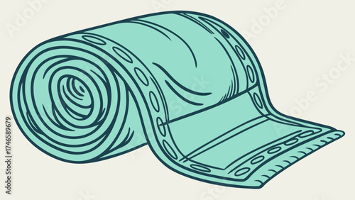 Rolled Film Reel Vintage Style Illustration Movie Reel Cinema Graphic Photography Equipment Artistic Design Teal Green Color Scheme.