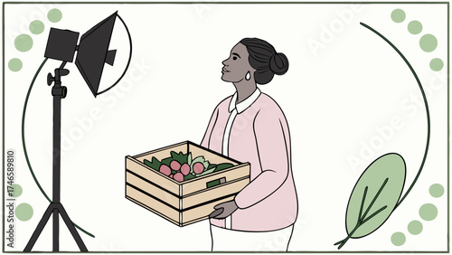 Studio photoshoot of a person holding a wooden crate of fresh produce illuminated by a professional light.