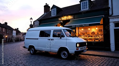 A white classic van parked on a cobblestone street in front of a warmly lit bakery at dusk.
