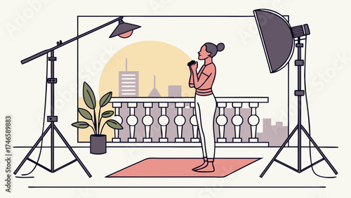 Studio photoshoot person posing indoor lighting equipment minimalist illustration modern design flat style simple clean graphic vector art illustration artwork home studio photograp.