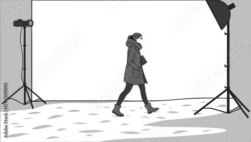 Studio photoshoot woman in winter coat walking photography lighting grey background fashion illustration.