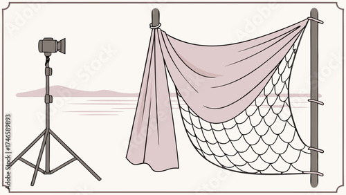 Studio Setup with Fabric Backdrop and Lighting Equipment Illustration Photography Design Graphic Photo Shoot Backdrop Net Fabric Lighting Tripod Camera Equipment Bokeh Artistic Crea.