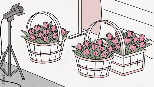 Studio Still Life Photography of Pink Tulips in Baskets with Lighting Equipment.