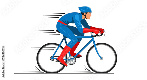 Superhero cyclist speeding on a blue bicycle showcasing determination and motion blur conveying a
