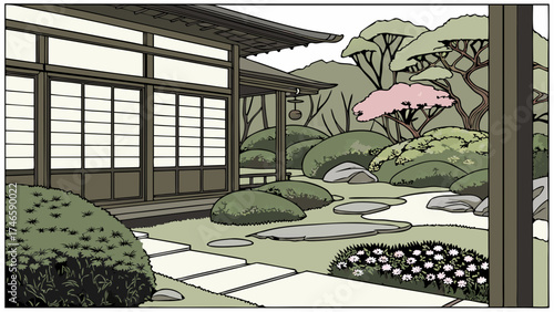 Serene Asian-Style Garden with Traditional House and Stepping Stones Illustration.