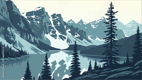 Stunning Mountain Lake and Forest Landscape Illustration in Blue Tones.