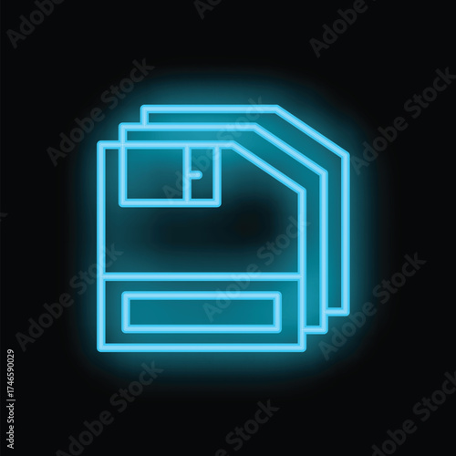 Glowing neon blue icon of three floppy disks, representing saving and storing data