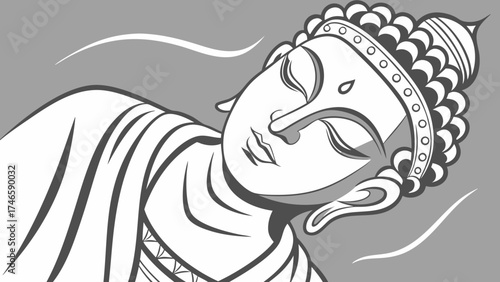 Serene Buddha Head Black and White Line Art Spiritual Meditation Eastern Culture Graphic Design Element.