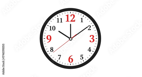 Clock illustration showing ten past twelve with red numerals indicating the time and timekeeping