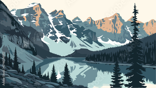 Stunning Mountain Lake Landscape with Snowy Peaks and Evergreen Trees.