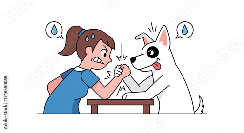 Cartoon depiction of a woman and dog engaged in an intense arm wrestling match challenge