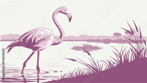 Stylized Flamingo in a Wetland Habitat Nature Illustration Bird Art Purple Tones Wildlife Scene.