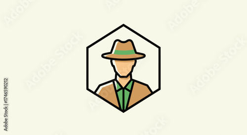 Elegant Illustration of a Man in a Hat Within a Hexagon Frame Design Template