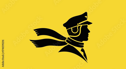 Vintage aviator silhouette with scarf and pilot hat against a vibrant yellow backdrop