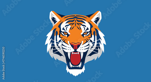 Bold minimalist tiger head illustration with striking color palette and aggressive expression
